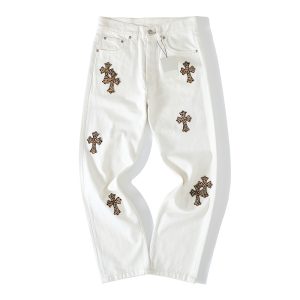 Chrome Hearts White Jeans In Brown Cross Patch