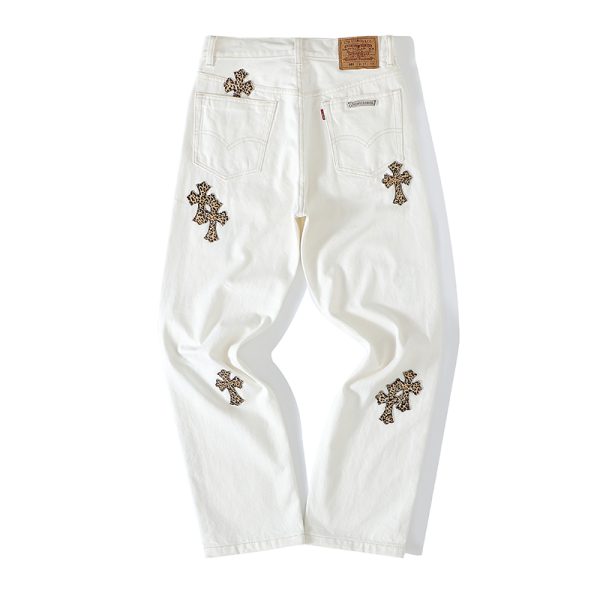 Chrome Hearts White Jeans In Brown Cross Patch
