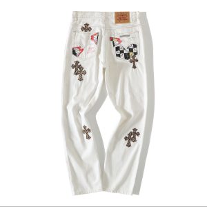 Chrome Hearts White Jeans In Brown Cross Patch