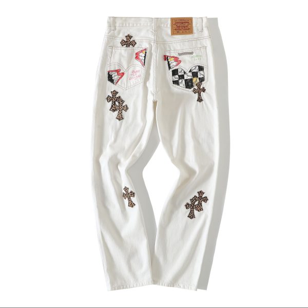 Chrome Hearts White Jeans In Brown Cross Patch