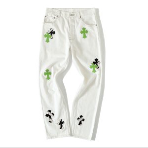 Chrome Hearts Neon Green and Zebra Cross Patch White Jeans