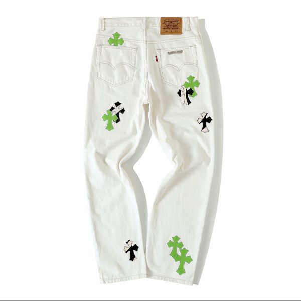 Chrome Hearts Neon Green and Zebra Cross Patch White Jeans