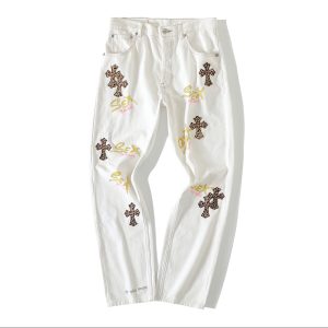 Chrome Hearts White Jeans In Brown Cross Patch